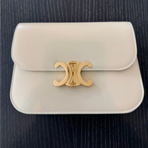 Celine Triomphe Medium Leather Shoulder Bag in cream shiny calfskin w/gold chain